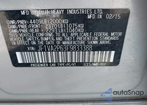 2015 Subaru Wrx Sti from USA, damaged, VIN JF1VA2P63F9833388